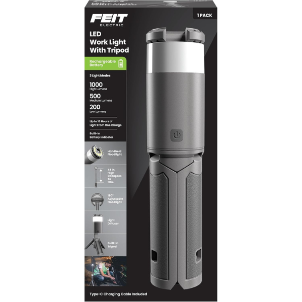 Feit Electric Portable LED Work Light with Tripod Stand, 1000 Lumens, Rechargeable Battery, USB Type-C Charging, Adjustable Spotlight Head, Collapsible to Handheld Lantern, WORK1000/TRIPOD/BAT