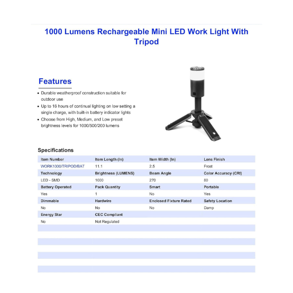 Feit Electric Portable LED Work Light with Tripod Stand, 1000 Lumens, Rechargeable Battery, USB Type-C Charging, Adjustable Spotlight Head, Collapsible to Handheld Lantern, WORK1000/TRIPOD/BAT